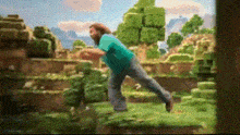 a man in a blue shirt is running in a video game .