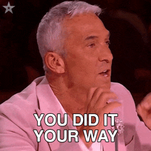 a man in a pink jacket says " you did it your way "