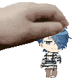 a pixel art drawing of a hand holding a small anime character .