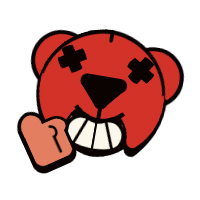 a red teddy bear with a fist in its mouth