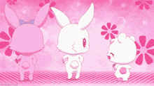 three pink and white rabbits are standing next to each other on a pink background with the word hotmoth-red at the bottom