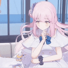 a girl with pink hair wearing a white dress
