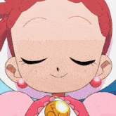 a close up of a cartoon character 's face with a gold pendant on her chest