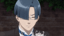 a man with blue hair and glasses is wearing a black suit