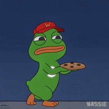 a cartoon of a frog wearing a red w hat holding a cookie