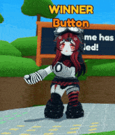 a cartoon girl with red hair is standing in front of a sign that says winner button