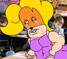 a cartoon of a woman wearing a mask crying in front of a boy