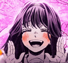 a drawing of a girl with purple hair and a purple background