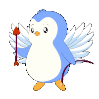 a penguin with wings is holding a red heart shaped arrow