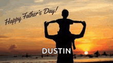 a silhouette of a man carrying a child on his shoulders .