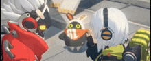 a cartoon character wearing headphones looks at a rabbit with the number 01 on it