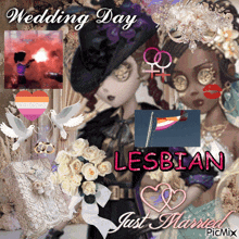 a collage of images with the words lesbian just married at the bottom