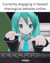 a cartoon of a girl pointing at something with the words currently engaging in heated theological debates online