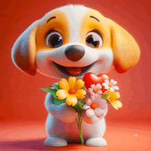 a cartoon dog holding a heart and flowers
