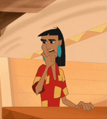 a cartoon character with a red shirt and blue earrings is standing at a table