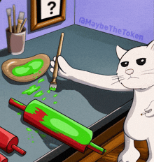 a drawing of a cat holding a brush and a rolling pin with green paint on it