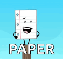 a cartoon drawing of a piece of paper holding a sign that says " paper "
