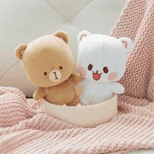 a brown and white teddy bear are sitting in a basket on a pink blanket .