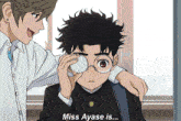 a boy with glasses is being helped by another boy who says " miss ayase is "