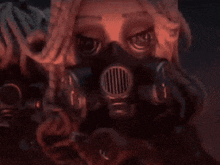a close up of a person wearing a gas mask with a red background