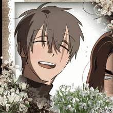 a picture of a man and a woman with flowers and picmix written on the bottom right