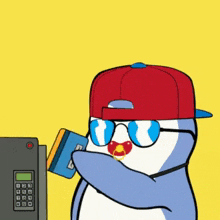 a cartoon penguin wearing sunglasses and a hat is holding a credit card