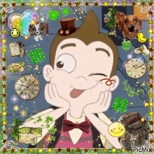 a picture of a boy with a bow tie and a clock that says " time "