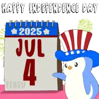 a penguin wearing an uncle sam hat stands next to a july 4 calendar