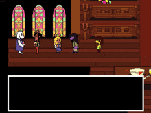 a group of cartoon characters are standing in front of a church .