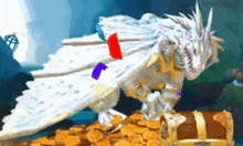a white dragon is standing on top of a pile of gold coins next to a treasure chest .
