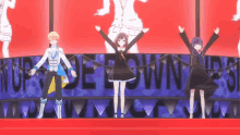 a group of anime characters stand in front of a banner that says pride town
