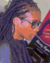 a pixelated drawing of a woman wearing glasses