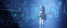 a girl playing a guitar with the word lucky behind her