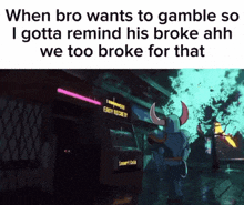 a video game character with horns is standing in front of a building that says insert cash
