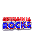 a blue and red logo for britannia rocks on a white background