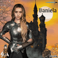 a picture of a woman in armor with the name daniela on the bottom right