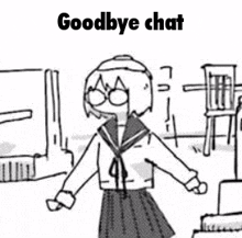 a black and white drawing of a girl in a school uniform standing in a room .