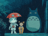 a totoro and a boy standing in the rain with a robot holding an umbrella with chinese writing on it