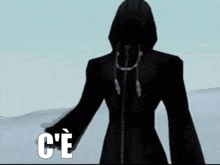 a silhouette of a person in a hooded jacket with the words c'ela in white