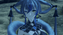 a blue haired anime character with green eyes