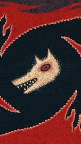 a drawing of a wolf with sharp teeth on a red background
