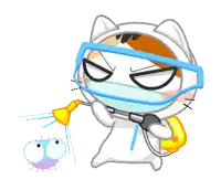 a cartoon cat wearing a mask is spraying a virus with a hose