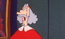 a cartoon of a man in a red robe holding a piece of paper in his hand .