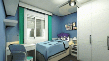 a bedroom with a cartoon character on the headboard and a ceiling fan
