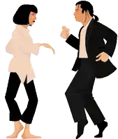 a man in a suit is dancing with a woman in a white shirt