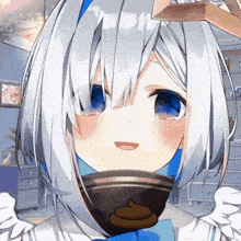 a girl with white hair and blue eyes is holding a bowl of poop
