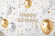 a happy birthday card with balloons and confetti on a white background .
