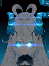 a girl with white hair and blue horns has glowing eyes and a hashtag on her head
