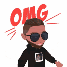 a cartoon of a man wearing sunglasses and a black hoodie with the word omg above him