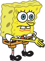 a cartoon drawing of spongebob wearing a white shirt and black pants